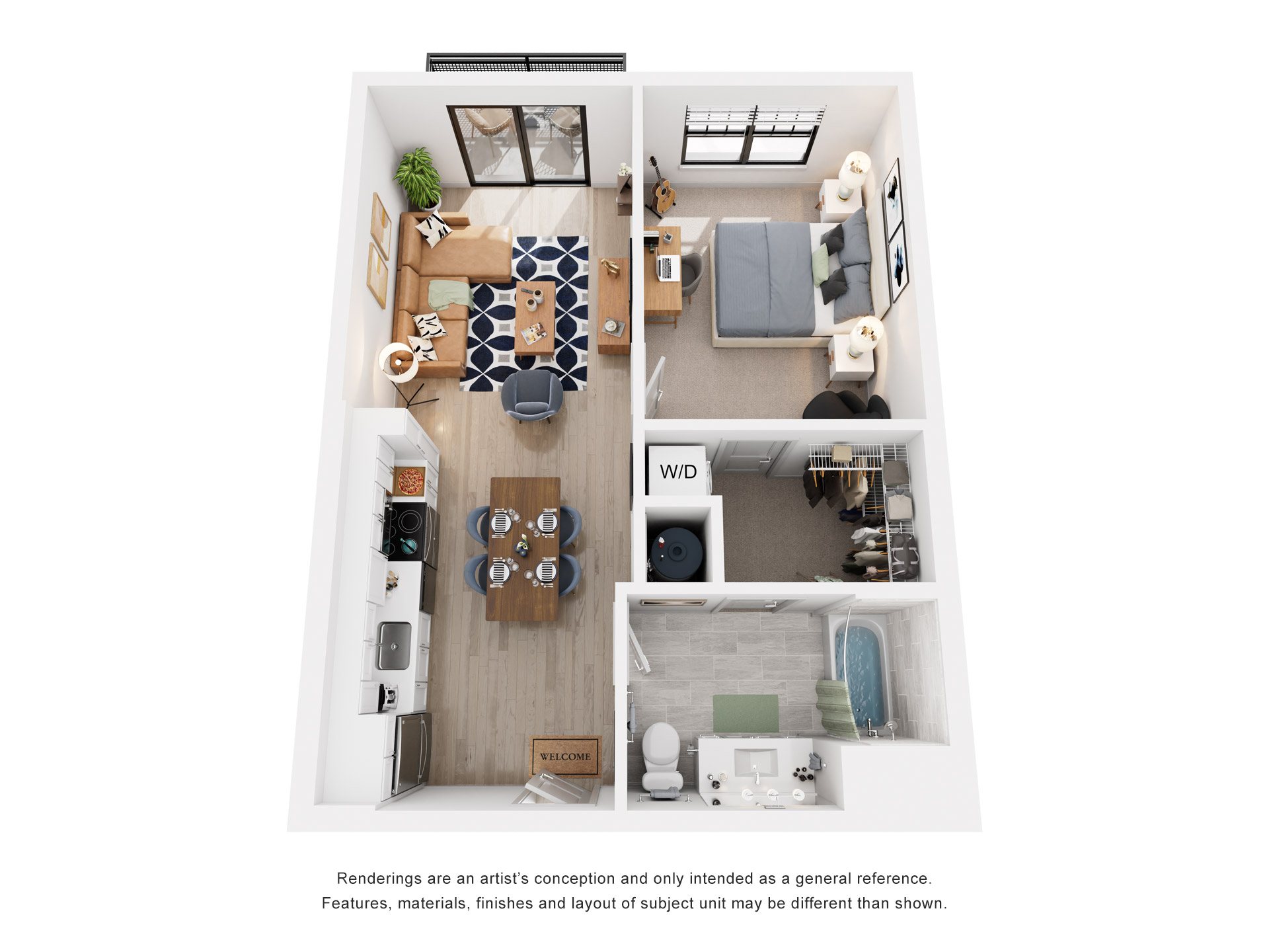 Floor plan for 1 bed, 1 bath, 788 sqft